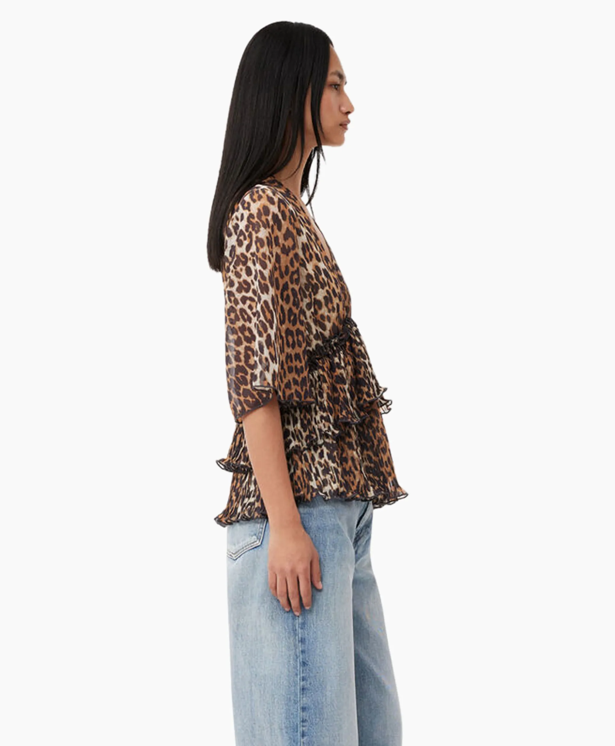 Ganni Blouse Pleated Georgette V-Neck Flounce Bruin*Dames T-Shirts & Tops