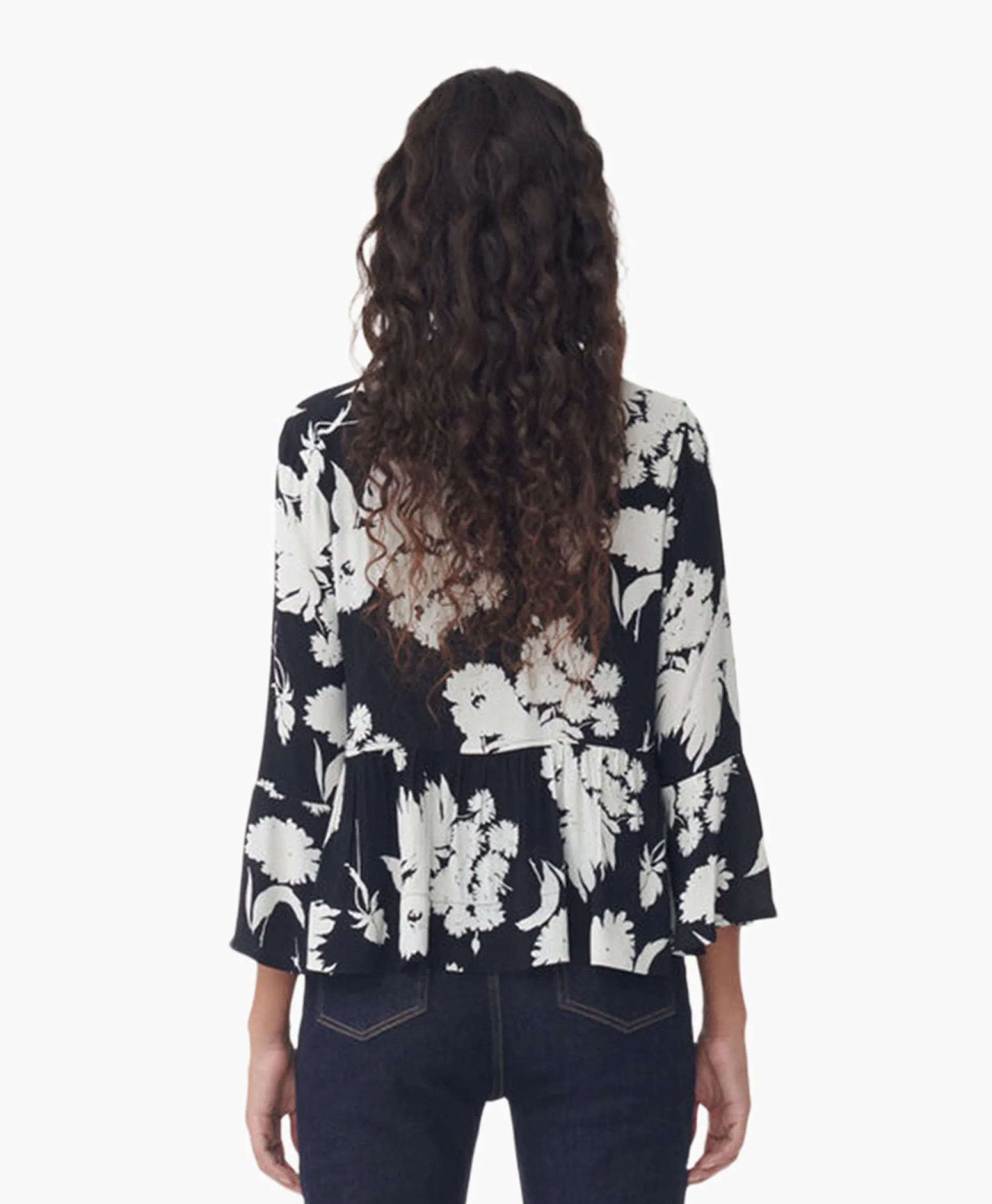 Ganni Blouse Printed Crepe Peplum Zwart*Dames Blouses