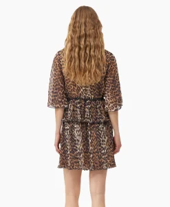 Ganni Mini Jurk Pleated Georgette V-Neck Flounce Bruin*Dames Jurken