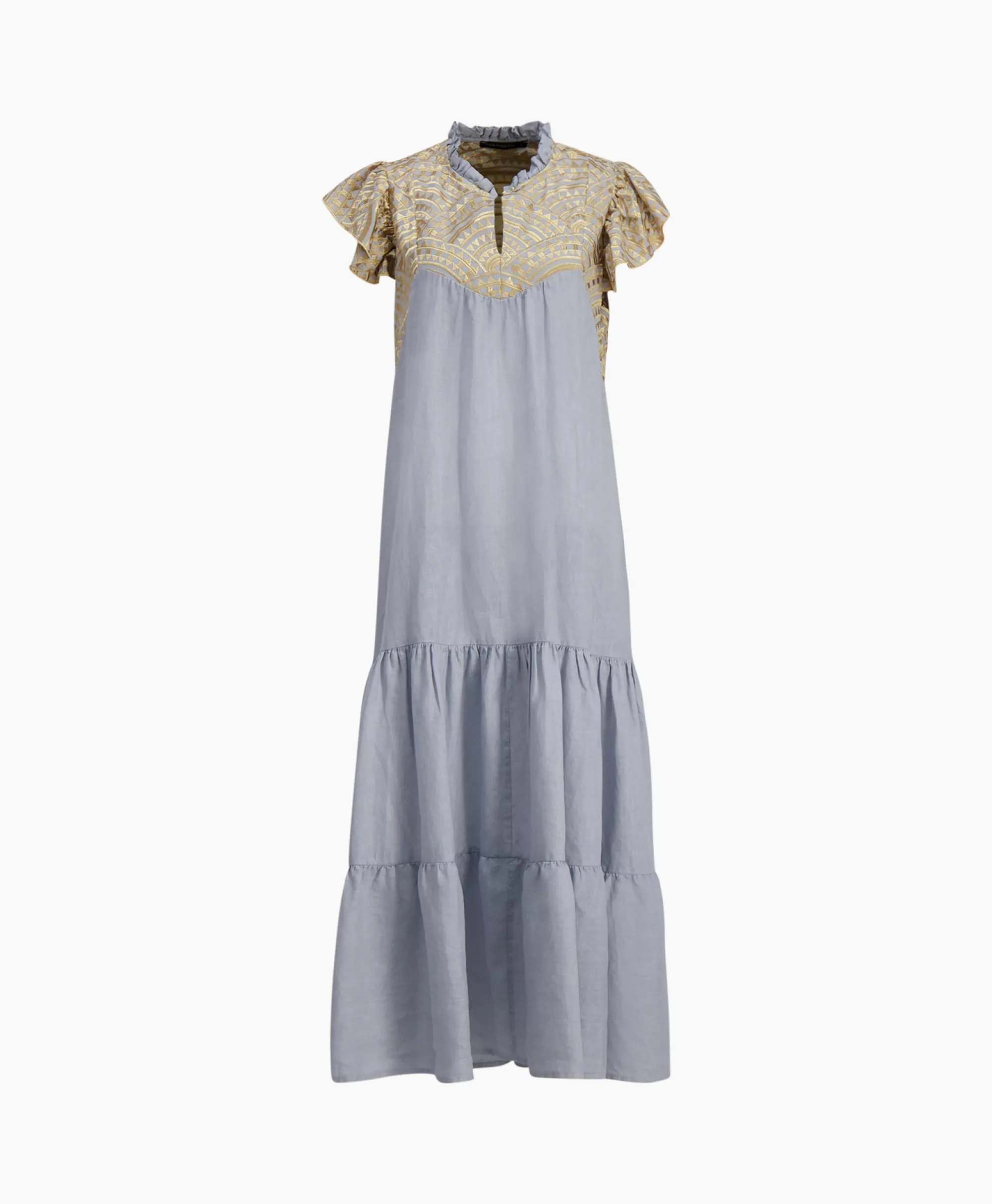 Greek Archaic Kori Maxi Jurk Long New All Over Sleeveless Ruffles Licht Grijs*Dames Bruiloftskleding