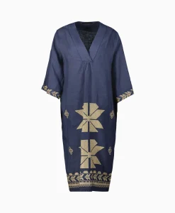 Greek Archaic Kori Midi Jurk Aeolis V-Neck Donker Blauw*Dames Bruiloftskleding